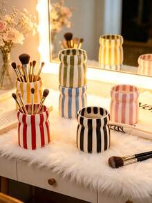 1PC Striped Ceramic Makeup Brush Holder Ins Style Organizer For Pencil Comb Storage Living Room Bedroom Desk Decor Holiday Gift For Family Friends - Multicolor - View 13