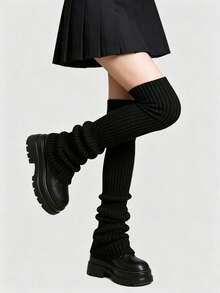 ROMWE Goth 3 Pairs Of Long Stacking Socks, Autumn And Winter Leg Warmers - Black and white rose powder - View 4