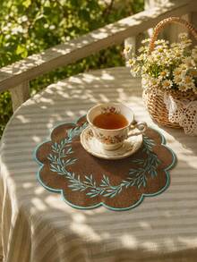 Cirelle 1PC Premium Embroidered Leaf Wreath Dining Placemat, Scalloped Edge Waterproof Oil Resistant Table Mat, Elegant Heat Insulated Fabric Pad For Dining Room Coffee Table Home Decoration - Multicolor - View 9