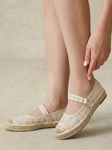 Styleloop 女款平底鞋，網紗蕾絲刺繡綁帶瑪麗珍漁夫鞋，田園溫柔風，日常通勤百搭時尚秋季鞋 - 米色 - 查看 4