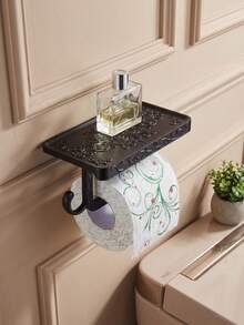 Cirelle 1Pc Wall‑Mounted Toilet Paper Holder, Space‑Aluminum Material With Carved Vintage Scroll Patterns, Built‑In Shelf And Side Hook, Multi‑Storage Fixture For Bathroom Lavatory Wall Space Organization - Multicolor - View 8
