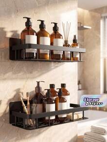 No Drill Bathroom Shelf, Wall-Mounted Storage Rack, Shower Gel And Cosmetics Organizer Bathroom Accessories And Tools - Black - View 1