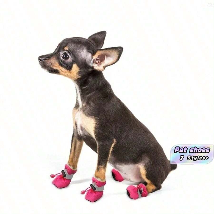 4‑Piece Waterproof Pet Dog Shoes, Non‑Slip Rain Boots For Chihuahuas, Pet Boots For Small Dogs, Cats And Puppies - Red - View 1