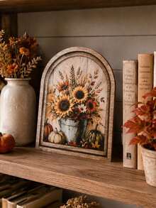 1PC Fall Pumpkin Sunflower Arch Wooden Tabletop Sign Rustic Farmhouse Harvest Thanksgiving Desk Decor For Fireplace Mantel Shelf Windowsill Seasonal Home Accent Gift - Style 2 - View 6