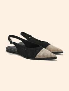 CUCCOO BASICS حذاء نسائي صيفي بلون أسود ومشمشي متناسق، بمقدمة مدببة وتصميم Slingback، بحزام خلفي ثلاثي رفيع، بنعل مسطح، قابل للتنفس، مناسب للتنقل اليومي - المشمش الأسود - مشاهدة 2