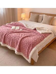 Cirelle 1pc Soft Double Sided Sherpa Fleece Throw Blanket - Thick Warm Flannel Bed Blanket With Embossed Cable Knit Pattern For Sofa, Couch, Dorm & Home Decor - Watermelon Pink - View 7