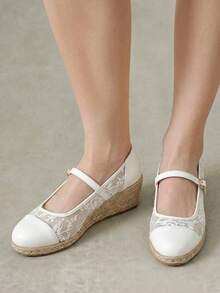 Styleloop Women's Hemp Rope Straw Weave Wedge Heel Beige Lace Mesh Women's Wedge Heel Shoes Shoes Hemp Rope Shoes Bohemian Style Vacation Beach Se Fall Shoes - White - View 7