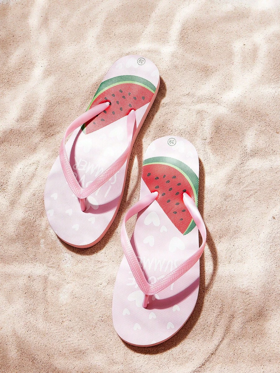 Grefit CUCCOO Watermelon Print Flat Beach Slippers, Sandals For Indoor & Outdoor Wear - Baby Pink - View 1