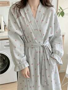 Napfluff Women's Casual Cherry Plaid Print Open Front Robe, Lightweight Comfy Long Kimono Cardigan For Lounge, Home & Daily Wear - Baby Blue - View 4