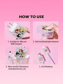 THE POWERPUFF GIRLS X SHEIN 4-Piece Mobile Phone Data Cable Protective Cover Is Suitable For IPhone Charging Cable Data Cable Protective Cover (Excluding Data Cable) - White - View 3