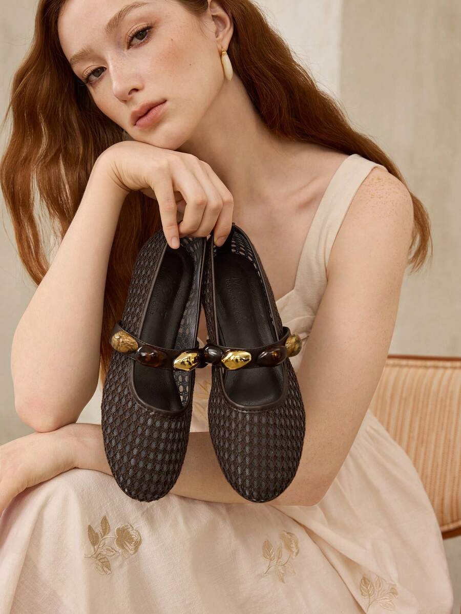 MOTF PREMIUM RETRO BROWN MESH KNIT MARY JANE SHOES, ROUND TOE SOFT SOLE DAILY WALKING FLAT PUMPS FOR WOMEN - Coffee Brown - View 2