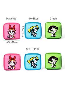 THE POWERPUFF GIRLS X SHEIN 方形收納包，拉鍊密封，可存放衛生棉、化妝品、耳機數據線，支持單個或整套，女孩通勤、旅行便攜多功能雜物化妝收納包 - 彩色 - 查看 12