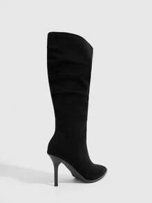 CUCCOO SZL Women's High-Heeled Pleated Pile-Pointed Stiletto High Leather Boots - Black - View 3