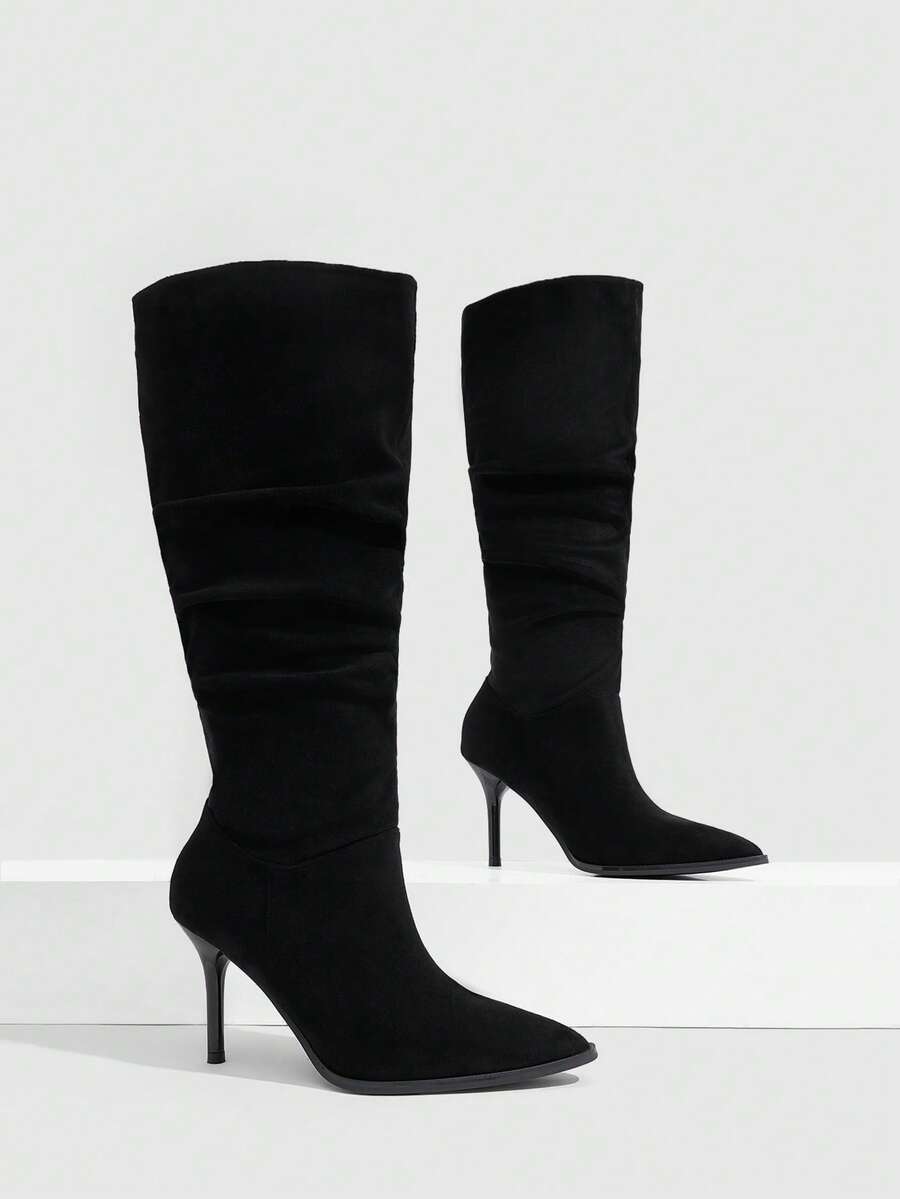 CUCCOO SZL Women's High-Heeled Pleated Pile-Pointed Stiletto High Leather Boots - Black - View 1