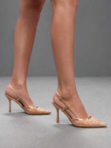 CUCCOO SZL Ladies Pointed Toe Square Vamp Thin High Heel Paint High Heel Flat Net Hot Rhinestone Slingback Shoes, Romantic And Sexy. Four Seasons Classic Women's - Champagne - View 3