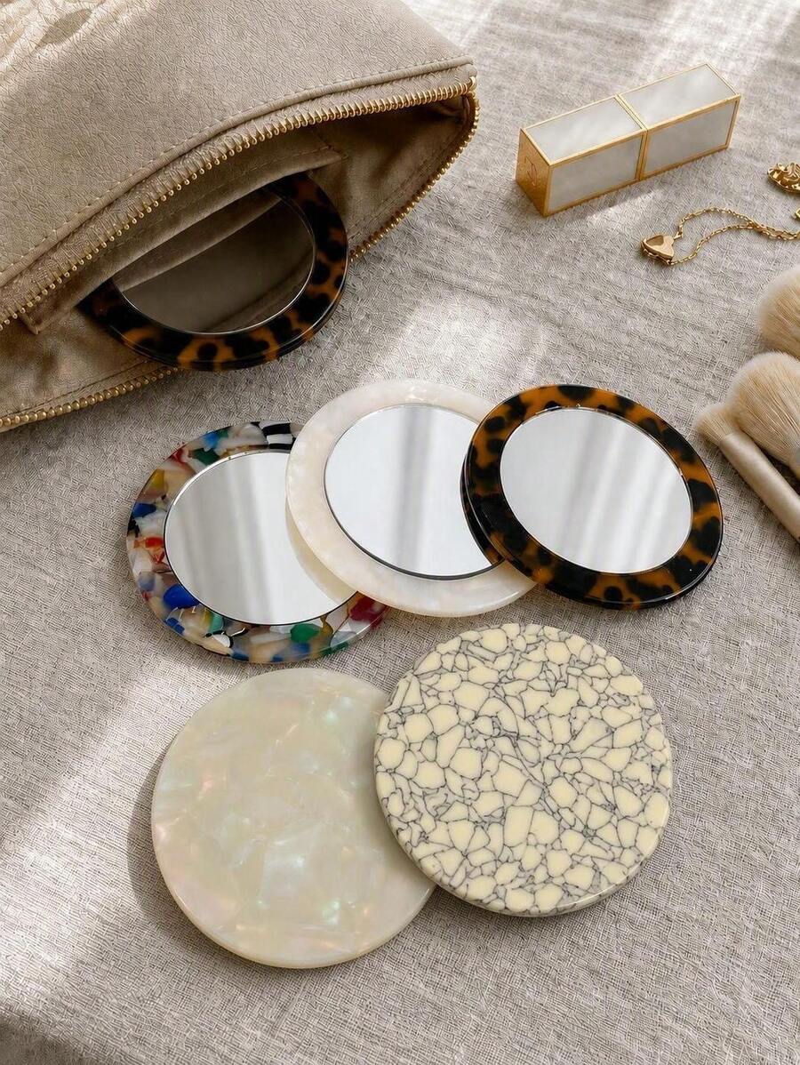 Haus Hana 1pc Dongdaemun Stylish Vintage Acetate Geometric Compact Mirror, Portable Round Makeup Pocket Mirror - Multicolor - View 1