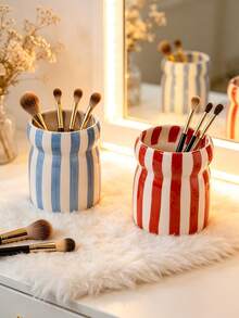 1PC Striped Ceramic Makeup Brush Holder Ins Style Organizer For Pencil Comb Storage Living Room Bedroom Desk Decor Holiday Gift For Family Friends - Multicolor - View 6