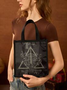HARRY POTTER X SHEIN Tas Bekal Makan Siang Berinsulasi Motif Rune Segitiga Vintage, Lapisan Dalam Penahan Panas. Muat Bento dan Minuman untuk Pekerja Kantoran, Pelajar, dan Perjalanan Piknik. - Khaki hitam - View 4