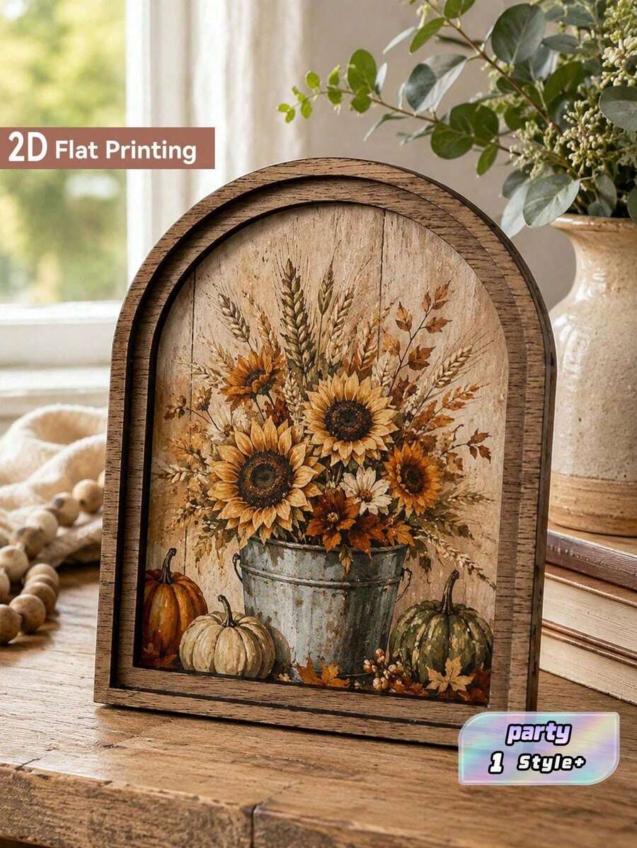 1PC Fall Pumpkin Sunflower Arch Wooden Tabletop Sign Rustic Farmhouse Harvest Thanksgiving Desk Decor For Fireplace Mantel Shelf Windowsill Seasonal Home Accent Gift - Style 2 - View 1