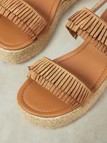 Styleloop Caramel Brown Tassel Platform Muffin Sandals Women, Hemp Woven Wedge Heel Buckle With Open-Toed Sandals - Caramel Brown - View 8