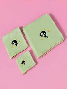 THE POWERPUFF GIRLS X SHEIN 1/3件裝超吸水毛巾，貓頭鷹卡通刺繡毛巾套組，手巾/毛巾/浴巾三件套，可用於擦手、洗澡、海灘、游泳 - 綠色 - 查看 5