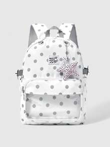 ROMWE Anime Academy Gray-White Polka Dot Printed Backpack With Star Decoration, Multi-Pocket Pain Bag, Large-Capacity Backpack, Suitable For School, Commuting, Et - Gray polka dot - View 1