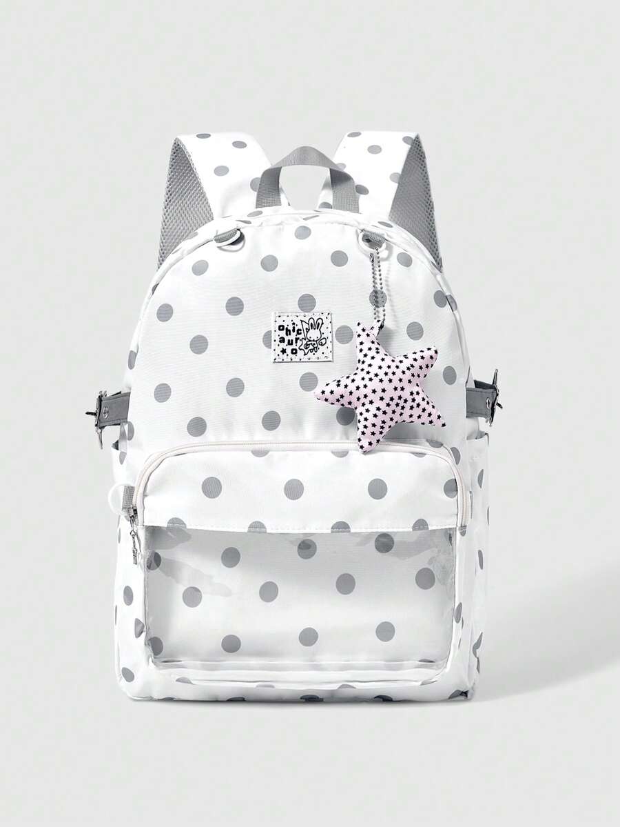 ROMWE Anime Academy Gray-White Polka Dot Printed Backpack With Star Decoration, Multi-Pocket Pain Bag, Large-Capacity Backpack, Suitable For School, Commuting, Et - Gray polka dot - View 1
