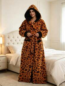 Joivida Women's Leopard Print Fleece Hooded Long Bathrobe, Plush Warm Dressing Gown, Soft Shaggy Housecoat With Belt And Pockets, Cozy Winter Loungewear And Sleepwear - Multicolor - View 5