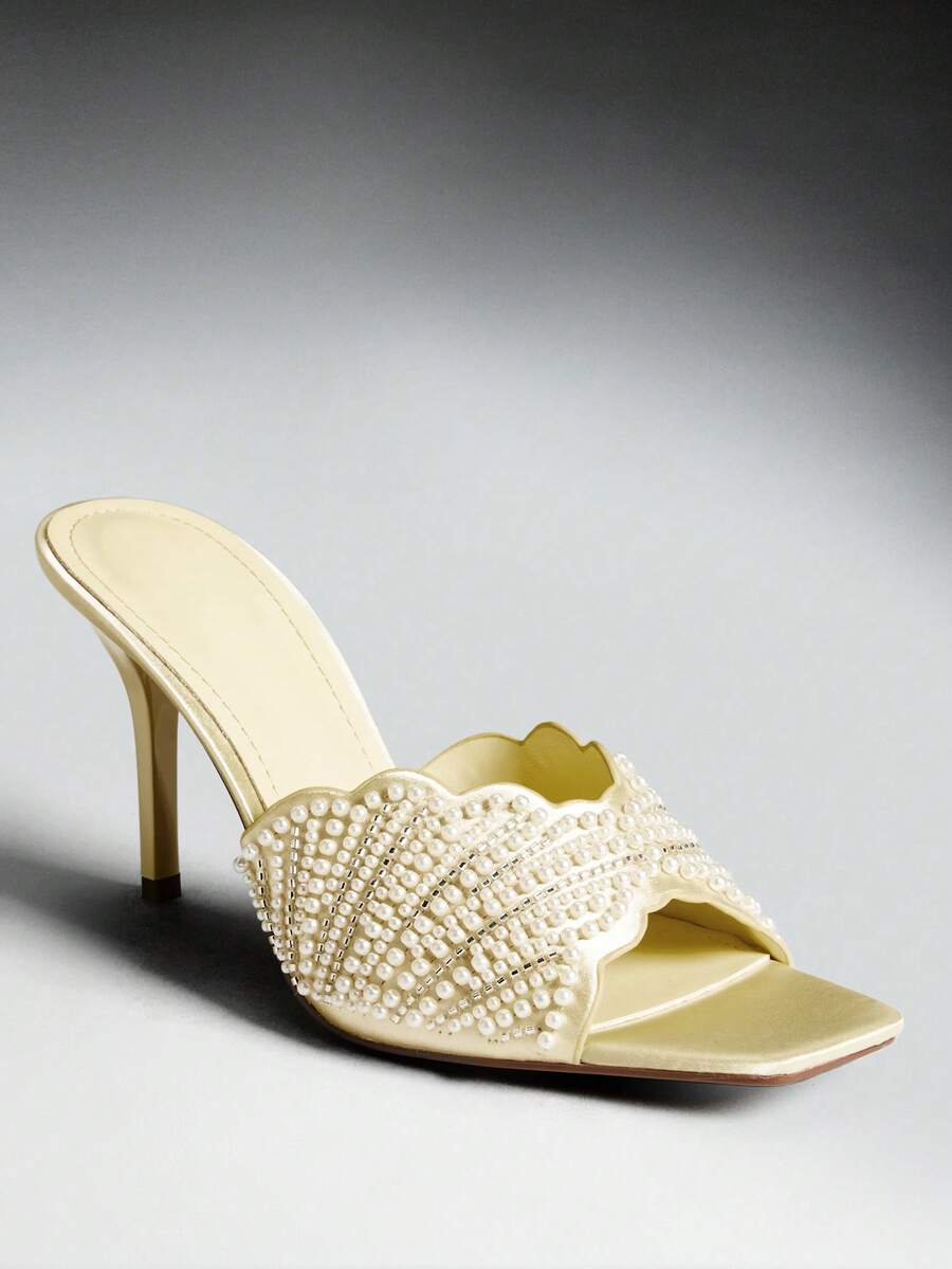 SHEIN SHUZIA Women's Elegant Pearl Embroidery Satin Slip-On Heeled Sandals - Yellow - View 1