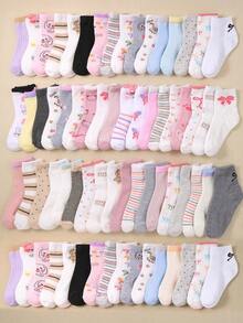 SHEIN 20 Pairs Kids Girls Crew Socks Cute Kawaii Animal Floral Dot Pink Ruffle Trim Soft Breathable Blend All Season Daily Gift Random Pack - Multicolor - View 14