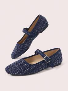 CUCCOO DOLLMOD Women's Shoes, Navy Blue Fabric, Square Toe Simple Buckle Flats, Comfortable Atmosphere, Versatile Soft Sole For Daily Commuting Mary Jane - Royal Blue - View 6