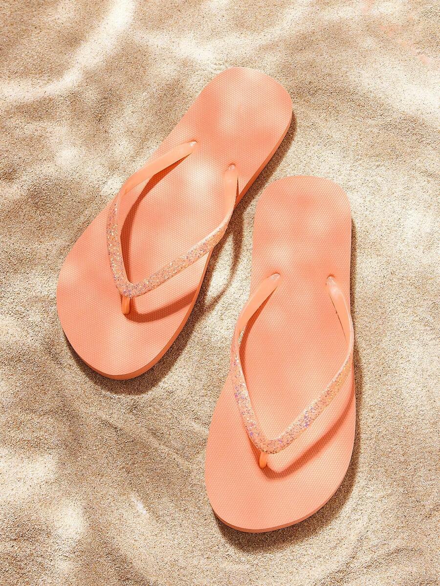 Grefit 1 Pair Fashionable Black Glitter Flat Comfortable High Elastic Thong Sandals, Beach, Holiday, Home Slippers, Solid Orange Color - Coral Pink - View 1