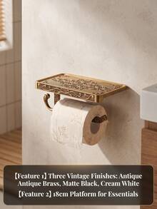 Cirelle 1Pc Wall‑Mounted Toilet Paper Holder, Space‑Aluminum Material With Carved Vintage Scroll Patterns, Built‑In Shelf And Side Hook, Multi‑Storage Fixture For Bathroom Lavatory Wall Space Organization - Multicolor - View 12
