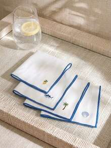 Cirelle 4pcs Coastal Embroidered Placemats - White Cloth Dining Placemats With Blue Border & Summer Motifs, Washable Table Mats For Indoor & Outdoor Dining - Multicolor - View 1