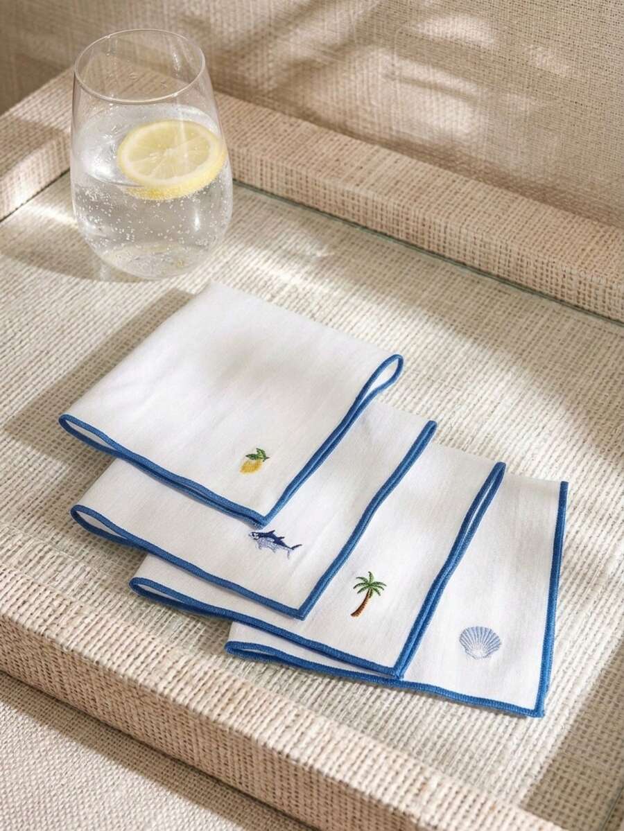 Cirelle 4pcs Coastal Embroidered Placemats - White Cloth Dining Placemats With Blue Border & Summer Motifs, Washable Table Mats For Indoor & Outdoor Dining - Multicolor - View 1