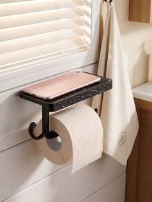 Cirelle 1Pc Wall‑Mounted Toilet Paper Holder, Space‑Aluminum Material With Carved Vintage Scroll Patterns, Built‑In Shelf And Side Hook, Multi‑Storage Fixture For Bathroom Lavatory Wall Space Organization - Multicolor - View 11