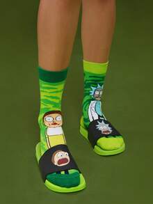 Rick and Morty X SHEIN 卡通女款拖鞋，EVA材質，透氣快乾、輕量耐用，適用室內外、浴室、遊樂場、游泳池、海灘涼鞋 - 綠色 - 查看 8