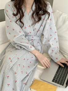 Napfluff Women's Casual Cherry Plaid Print Open Front Robe, Lightweight Comfy Long Kimono Cardigan For Lounge, Home & Daily Wear - Baby Blue - View 5