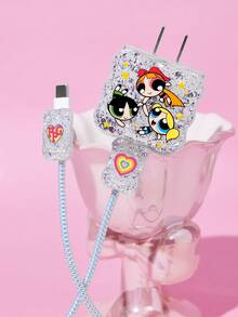 THE POWERPUFF GIRLS X SHEIN 4-Piece Mobile Phone Data Cable Protective Cover Is Suitable For IPhone Charging Cable Data Cable Protective Cover (Excluding Data Cable) - White - View 2