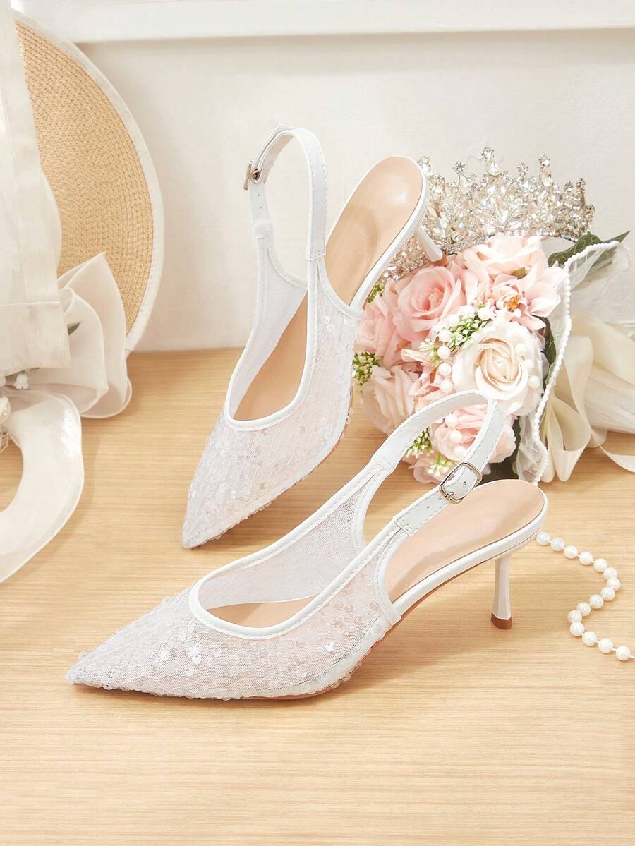 CUCCOO HITCHD White Mesh Gradient Sequins Pointed Thin Heels Empty Sandals, Fairy Simple Dew Heels Shallow High Heels Women - White - View 1