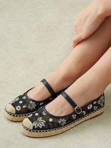 Styleloop Ladies Floral Personalized Mesh Breathable Platform Shoes With Buckle Mary Jane Flats, Suitable For Christmas Holiday Wear And Travel Essentials Fall Shoes - Black - View 8