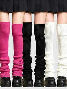 ROMWE Goth 3 Pairs Of Long Stacking Socks, Autumn And Winter Leg Warmers - Black and white rose powder - View 1
