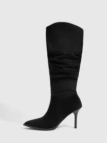 CUCCOO SZL Women's High-Heeled Pleated Pile-Pointed Stiletto High Leather Boots - Black - View 4