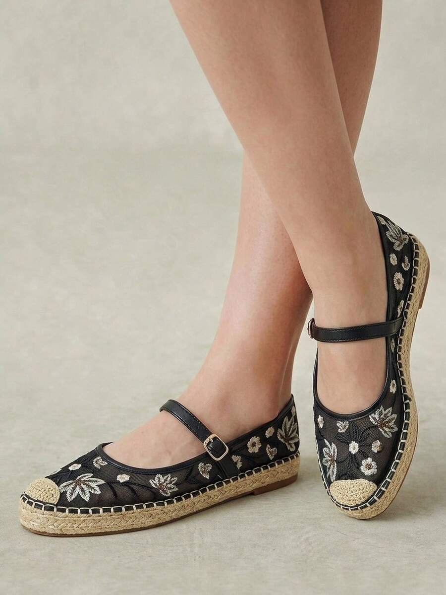 Styleloop Ladies Floral Personalized Mesh Breathable Platform Shoes With Buckle Mary Jane Flats, Suitable For Christmas Holiday Wear And Travel Essentials Fall Shoes - Black - View 1