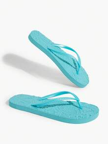 Grefit Women Shoes Embossed Embossed Flat Bottom Home Beach Flip-Flops - lake blue - View 3