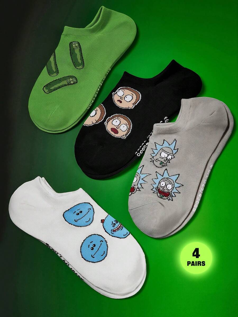 Rick and Morty X SHEIN 4雙時尚透氣柔軟隱形船襪 女款船襪 - 彩色 - 查看 1