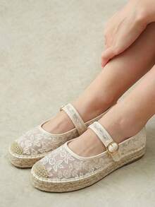 Styleloop 女款平底鞋，網紗蕾絲刺繡綁帶瑪麗珍漁夫鞋，田園溫柔風，日常通勤百搭時尚秋季鞋 - 米色 - 查看 7