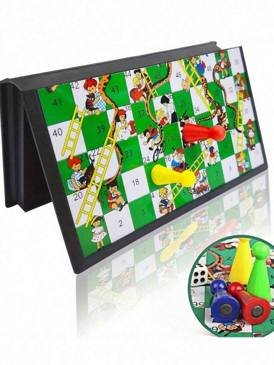 Set Permainan Papan Ular Tangga Magnetik, Desain Lipat Portabel dan Ringan, Hadiah Set Permainan Perjalanan, Mainan Seru untuk Keluarga - Hijau - View 1