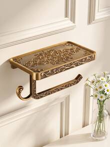 Cirelle 1Pc Wall‑Mounted Toilet Paper Holder, Space‑Aluminum Material With Carved Vintage Scroll Patterns, Built‑In Shelf And Side Hook, Multi‑Storage Fixture For Bathroom Lavatory Wall Space Organization - Multicolor - View 3