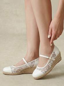 Styleloop Women's Hemp Rope Straw Weave Wedge Heel Beige Lace Mesh Women's Wedge Heel Shoes Shoes Hemp Rope Shoes Bohemian Style Vacation Beach Se Fall Shoes - White - View 2